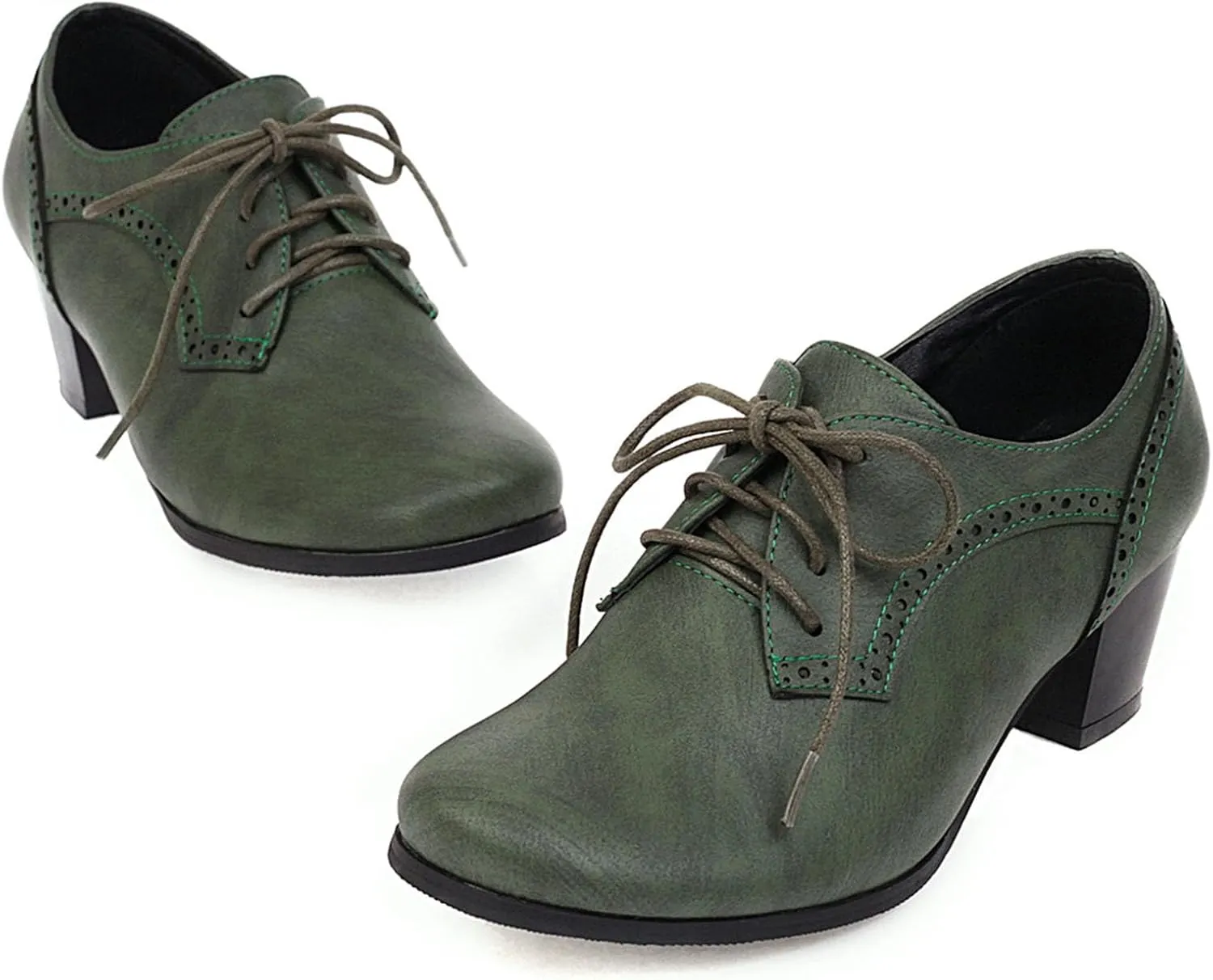 SHEMEE Women's Chunky Mid Heels Oxfords Vintage Round Square Toe Block Heeled Brogues Lace Up Work Offic Dress Shoes