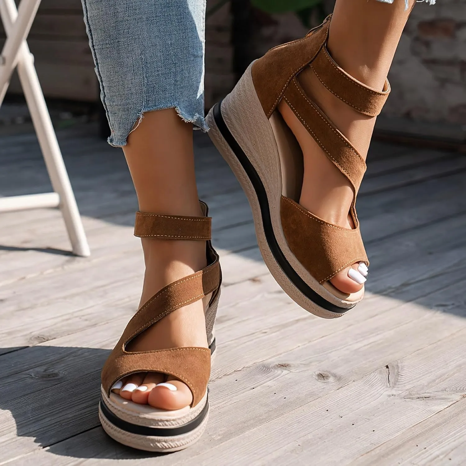 Summer Sandals for Women 2024 Peep Toe Fashion Wedge Heels Zipper Back Dress Platform Sandal Slip On Casual Shoes