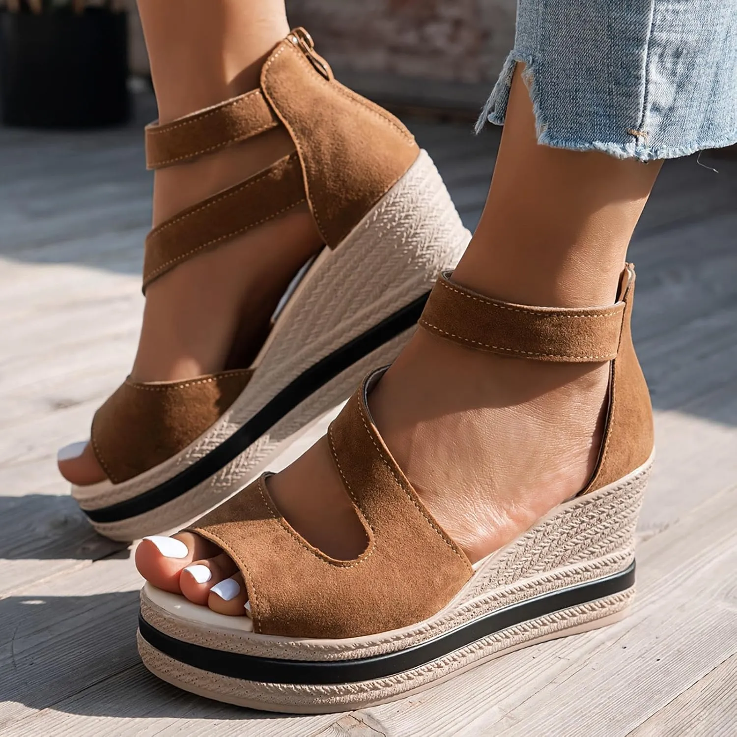 Summer Sandals for Women 2024 Peep Toe Fashion Wedge Heels Zipper Back Dress Platform Sandal Slip On Casual Shoes