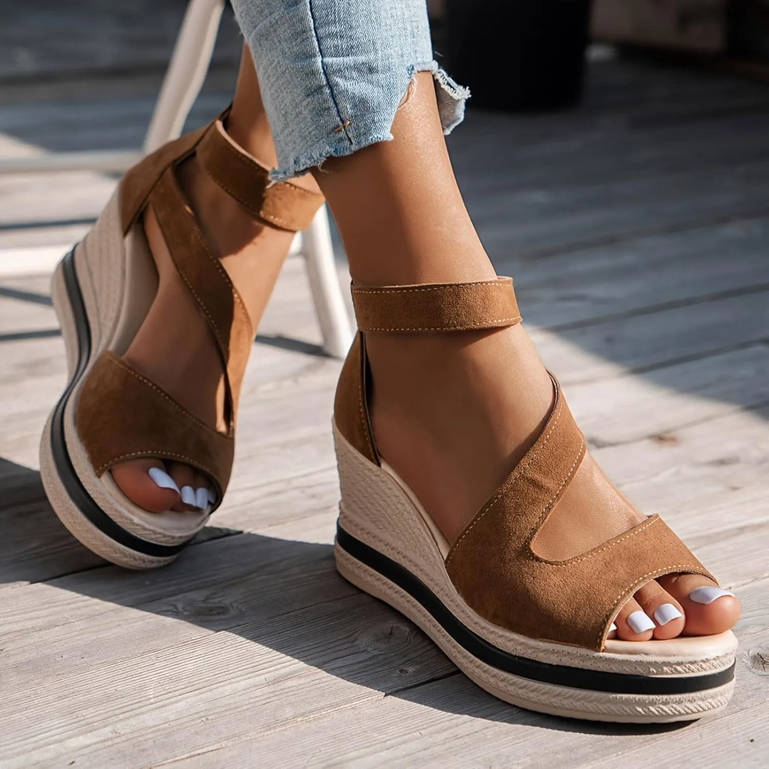 Summer Sandals for Women 2024 Peep Toe Fashion Wedge Heels Zipper Back Dress Platform Sandal Slip On Casual Shoes