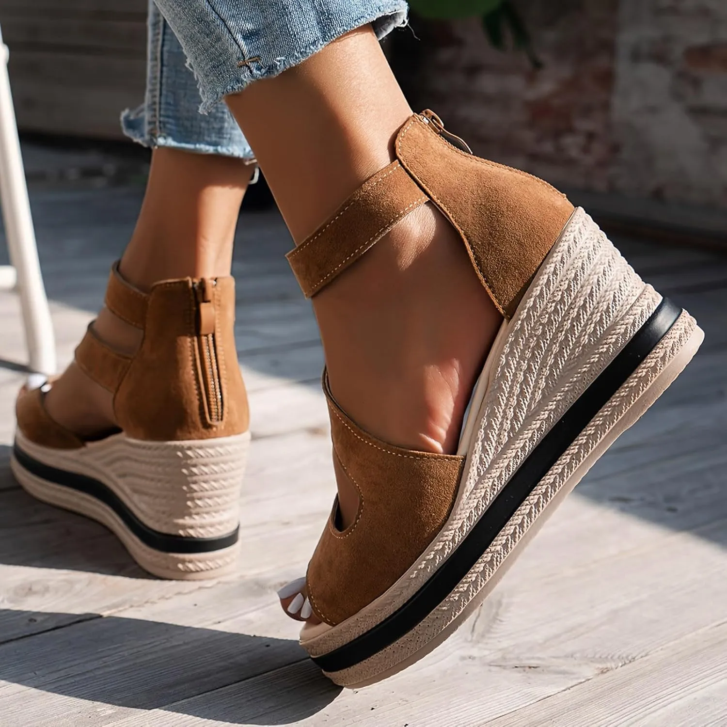 Summer Sandals for Women 2024 Peep Toe Fashion Wedge Heels Zipper Back Dress Platform Sandal Slip On Casual Shoes