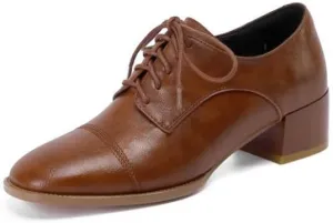 TinaCus Women's Genuine Leather Handmade Classic Square Toe Lace Up Low Stacked Heel Retro Oxford Pumps Shoes