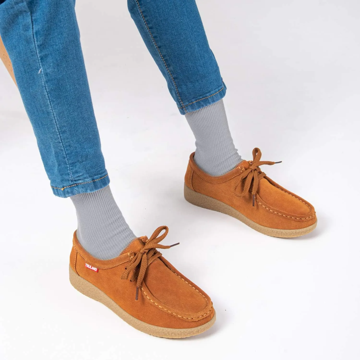 TRULAND Leather Oxford Shoes for Women - Suede Lace Up Moc Toe Low Platform Flat Wallabees Shoes