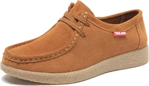 TRULAND Leather Oxford Shoes for Women - Suede Lace Up Moc Toe Low Platform Flat Wallabees Shoes