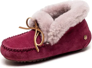 U-lite Women's Warm Fur Wool Slipper Casual Winter Slouch Flat Indoor&Outdoor Loafer Beet Red 6
