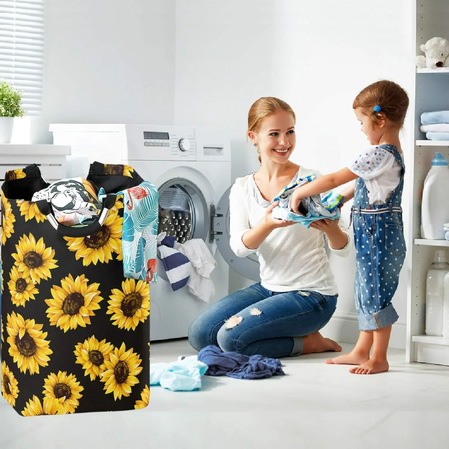 visesunny Classic Sunflower Large Laundry Hamper with Handle Foldable Durable Clothes Hamper Laundry Bag Toy Bin for Bathroom, Bedroom, Dorm, Travel