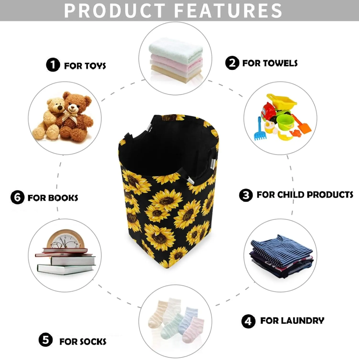 visesunny Classic Sunflower Large Laundry Hamper with Handle Foldable Durable Clothes Hamper Laundry Bag Toy Bin for Bathroom, Bedroom, Dorm, Travel
