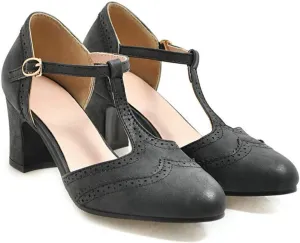 VOKLIN Women's Classic T-Strap Mary Jane Pump Oxford Round Toe Chunky Block Heel Vintage Brogues Dress Shoes