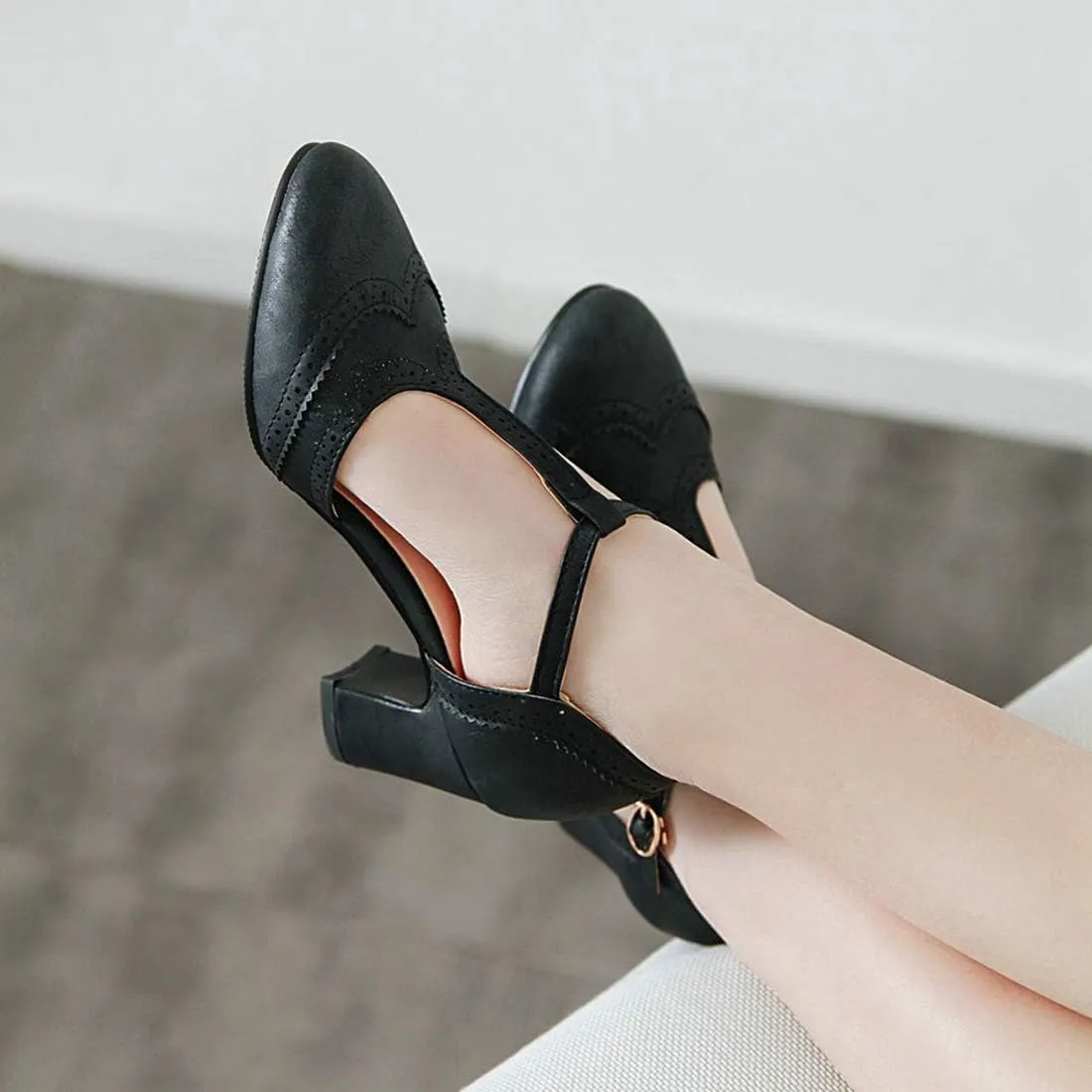 VOKLIN Women's Classic T-Strap Mary Jane Pump Oxford Round Toe Chunky Block Heel Vintage Brogues Dress Shoes