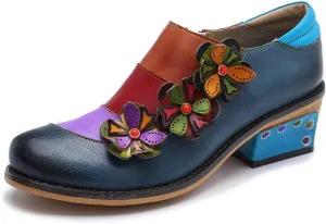Women Leather Block Heel Pumps Oxford Dress Shoes Exotic Vintage Bohemian Mary Jane Shoes