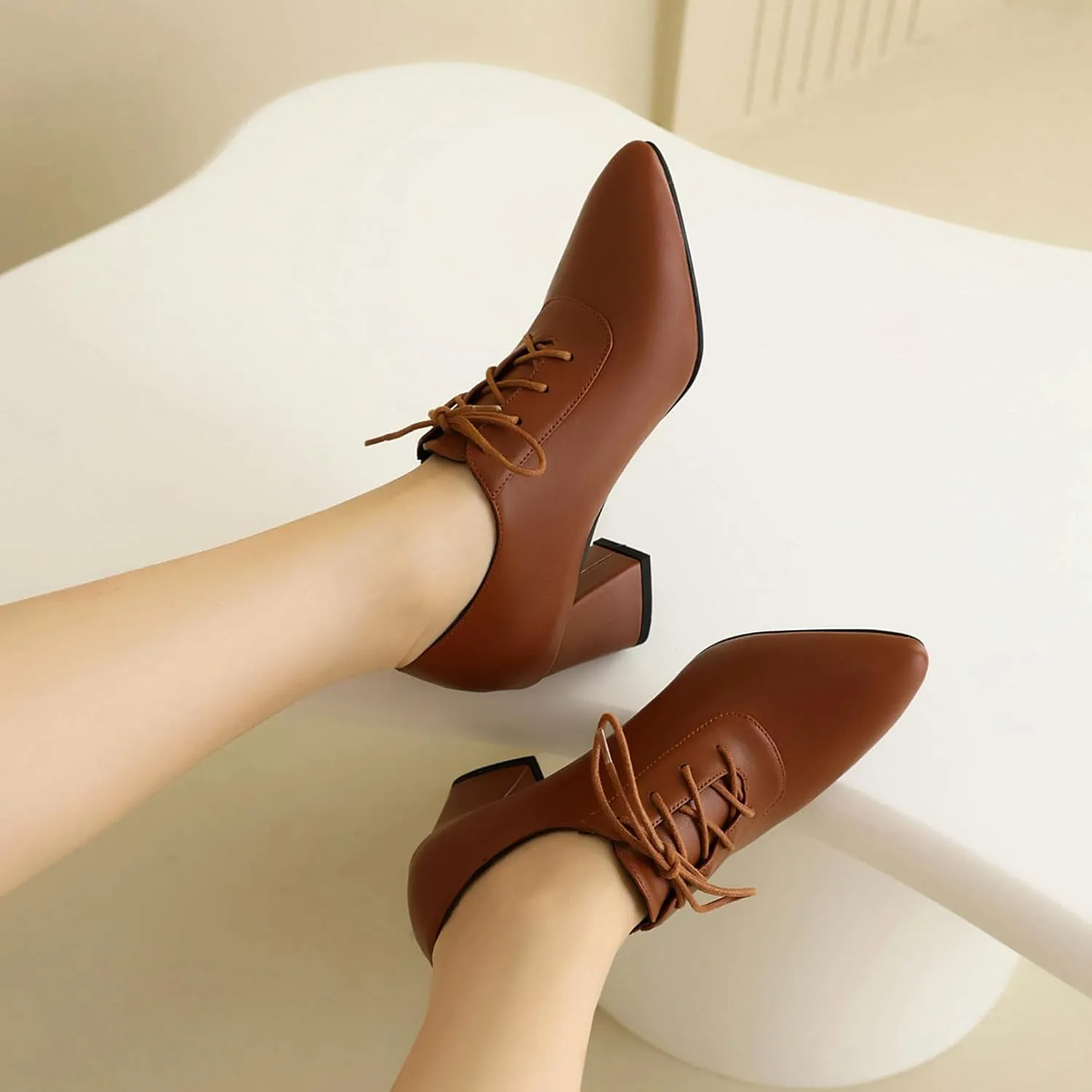 Women Vintage Chunky Heels Oxfords Pointed Toe Brogues Office Shoes