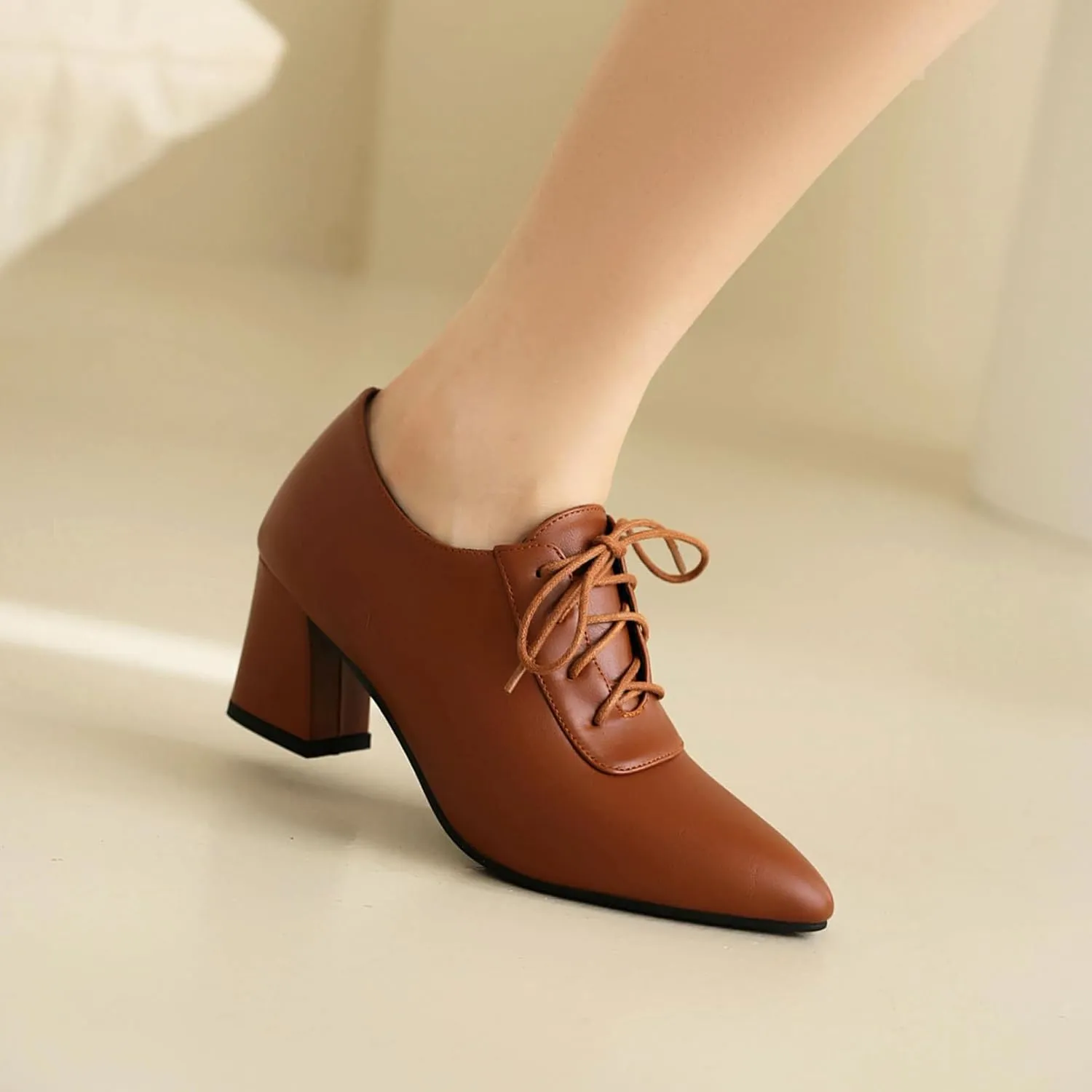 Women Vintage Chunky Heels Oxfords Pointed Toe Brogues Office Shoes