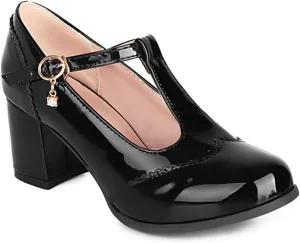 Women's Classic T-Strap Pumps PU Leather Round Toe Chunky Block Heel Retro Vintage Dress Oxford Shoes