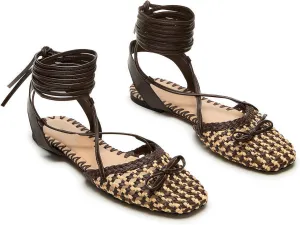 Woven Ballet Flats for Women Lace Up Closed Square Toe Summer Flats Shoes