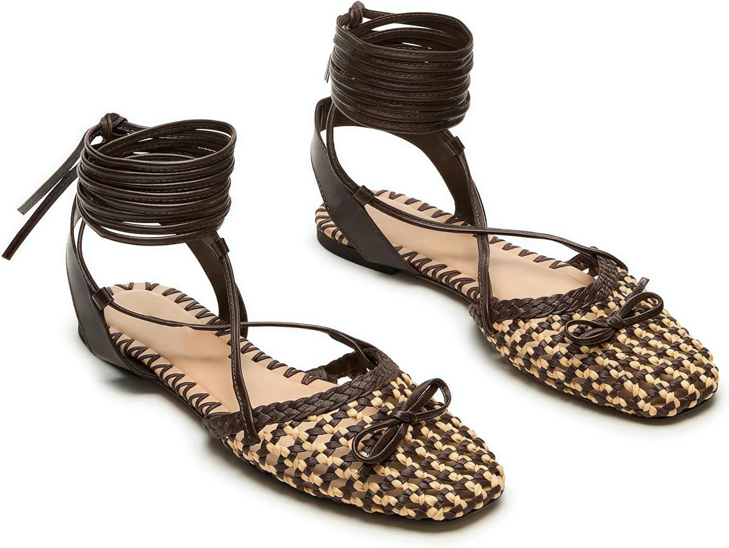 Woven Ballet Flats for Women Lace Up Closed Square Toe Summer Flats Shoes